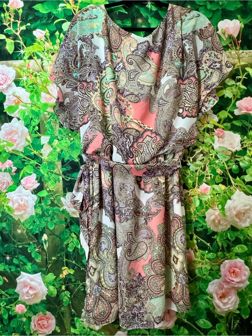 SLNY Paisley Midi Dress in Pink and Mint